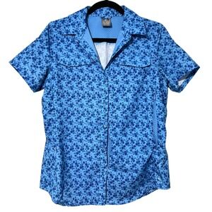 REI Women's Small Blue Floral Hiking Shirt Short Sleeve Vented Roll Tab Button